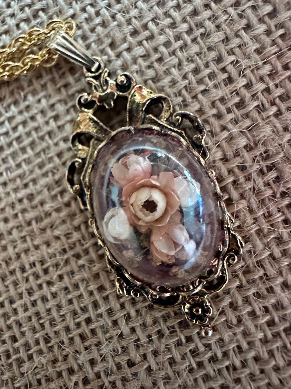 Gold Tone Dried Flower Bubble Glass Necklace Victorian Feminine